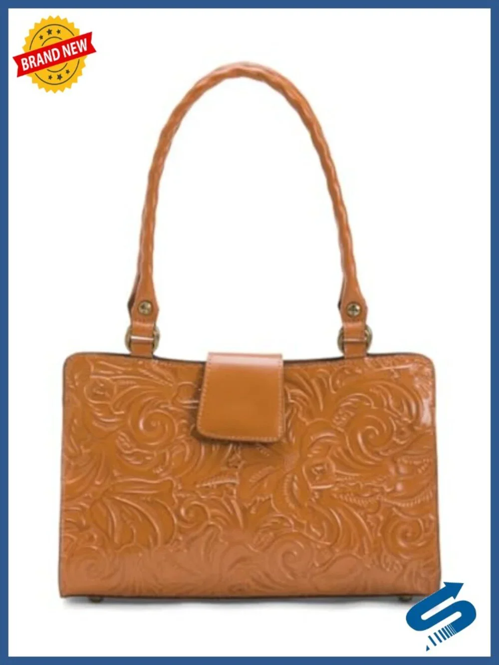 Genuine Leather Satchel Handbag with Braided Handles and Tooled Floral Pattern